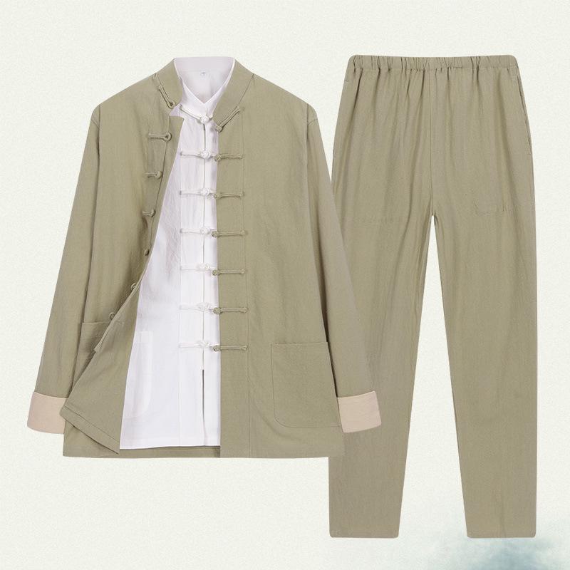 

Men s Tang Suit: Chinese-Style Long-Sleeve Cotton & Linen Three-Piece Set for Spring and Autumn, Ideal for Middle-Aged and Elderly. L