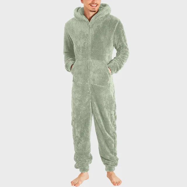 Pijamale Călduroase de Iarnă din Fleece Teddy pentru Bărbați Onesie de Pluș cu Fermoar Pijamale Pufoase cu Glugă Dintr-o Bucată pentru Dormit și Relaxare