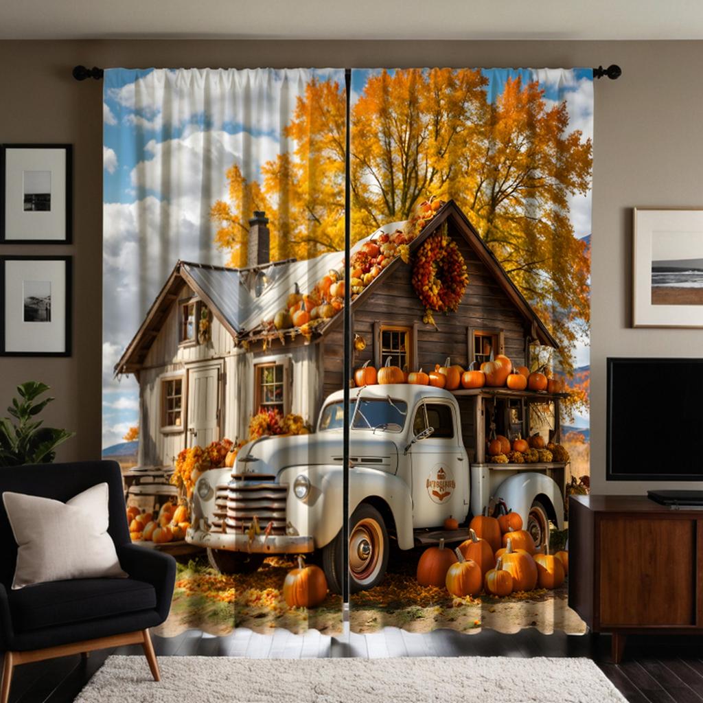 2 Stück HD Vintage Herbsternte Hintergrund Kürbis Bus Landhaus dekorativer Vorhang Gelber Bindeband digital bedruckter Vorhang Heimde