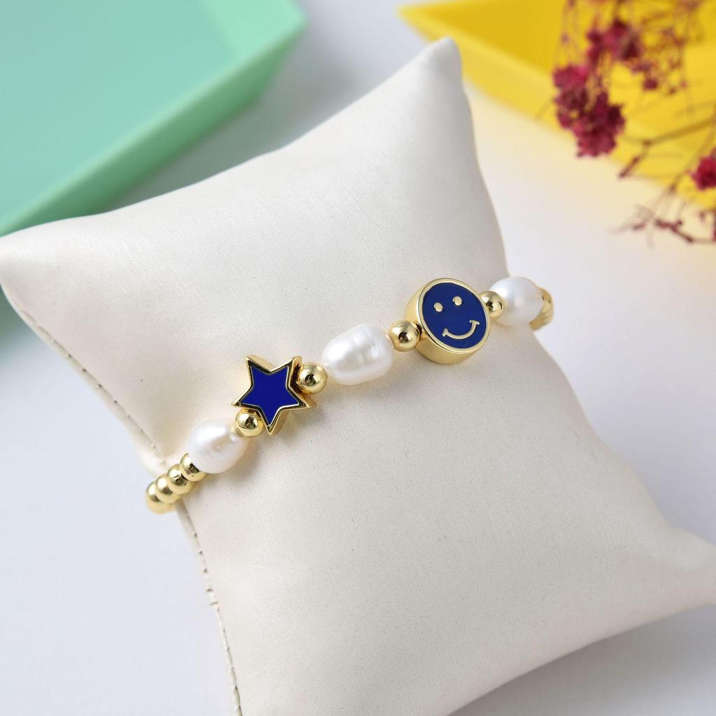 Colorful Drip Oil Smiley Star Beaded Bracelet with Natural Freshwater Pearls