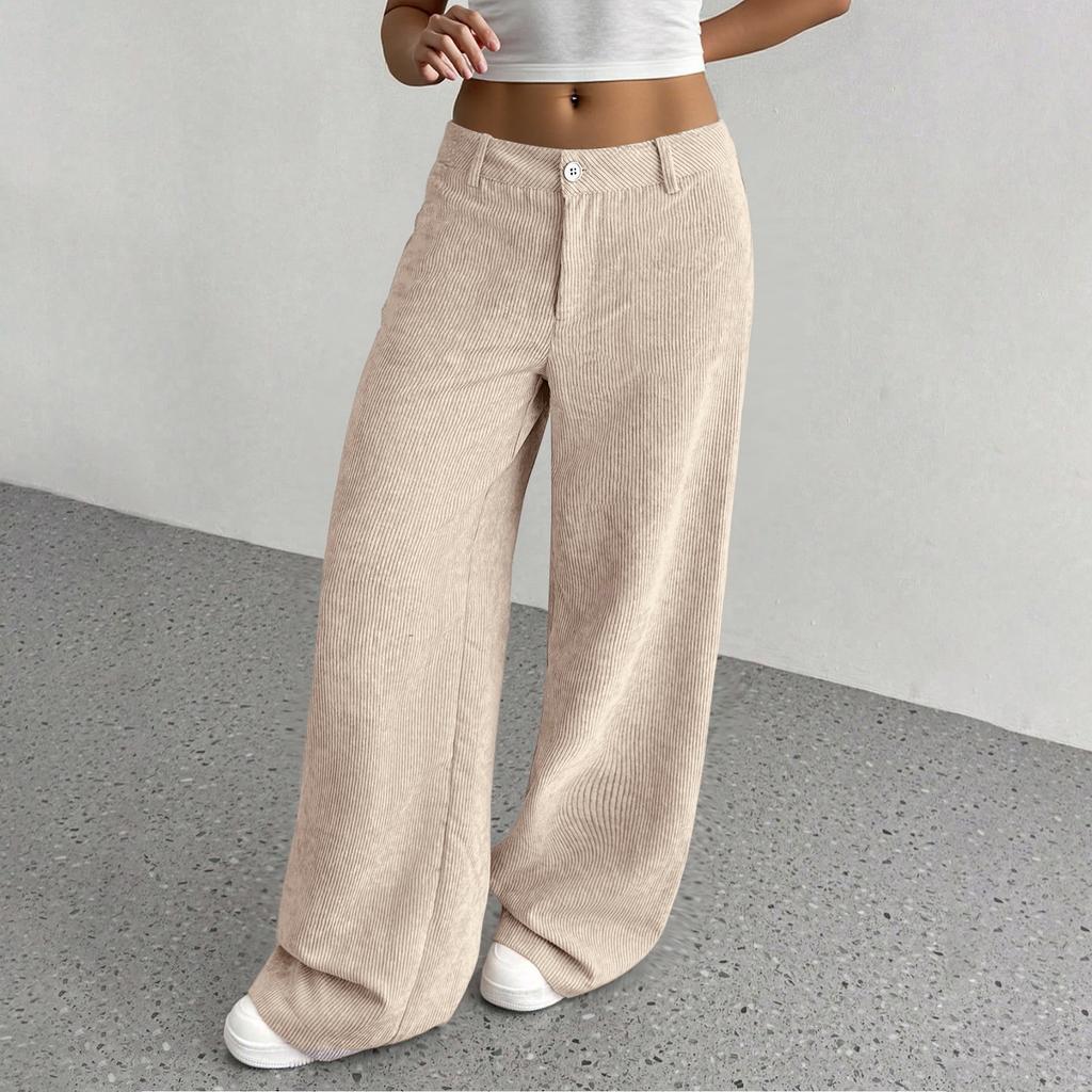 Corduroy Pants For Women Casual Elastic Waist Straight Leg Pants Loose Comfy Trousers With Pockets