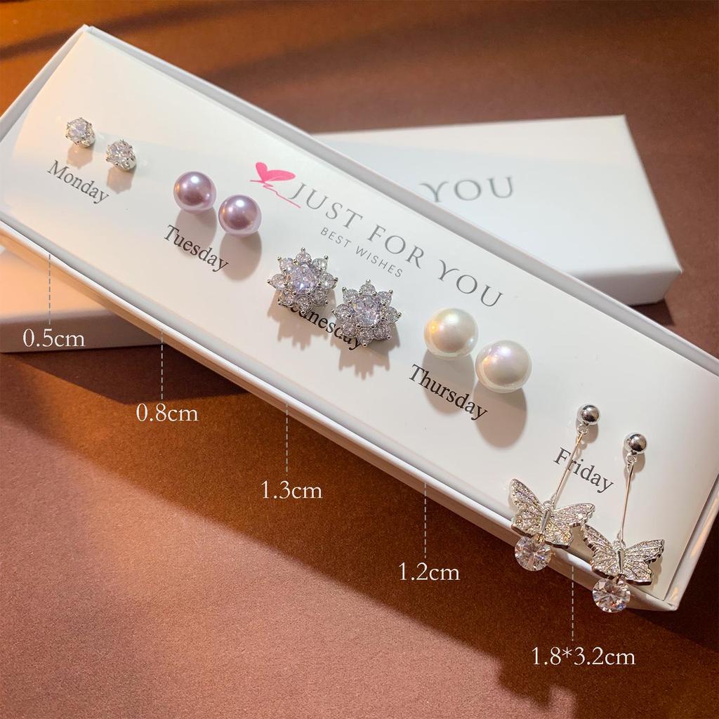 Weekly Earring Set: Flower Zircon Studs, Simple Ear Cuffs, Pearl Tassel French Earrings - 5 Pairs