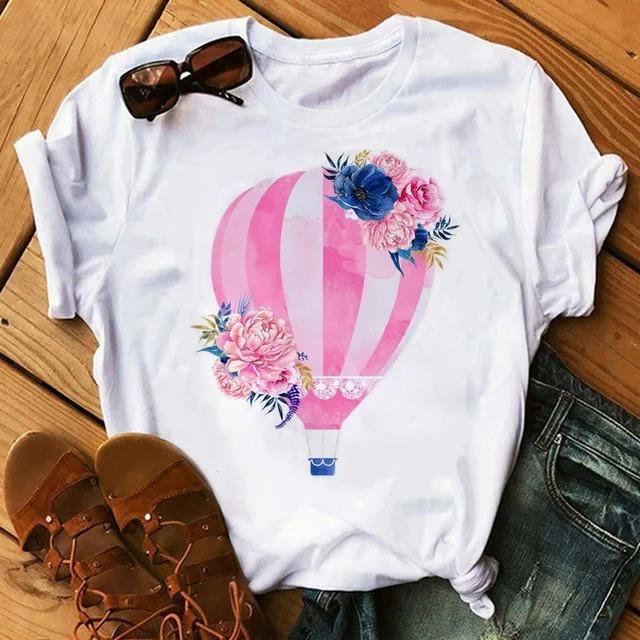 Cartoon Colored Hot Air Balloon Tshirt Womens Summer Round Neck Comfortable Top for Girls Anime Streetwear