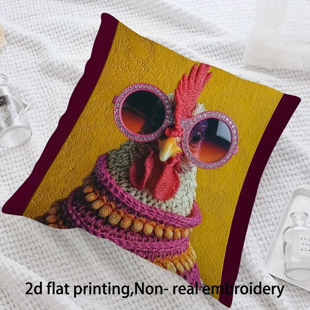 2D Flat- Fun Trendy Rooster Throw Pillow Cover, Cute Fashionable Chicken Decorative Pillow Case for Sofa Bedroom Living Room