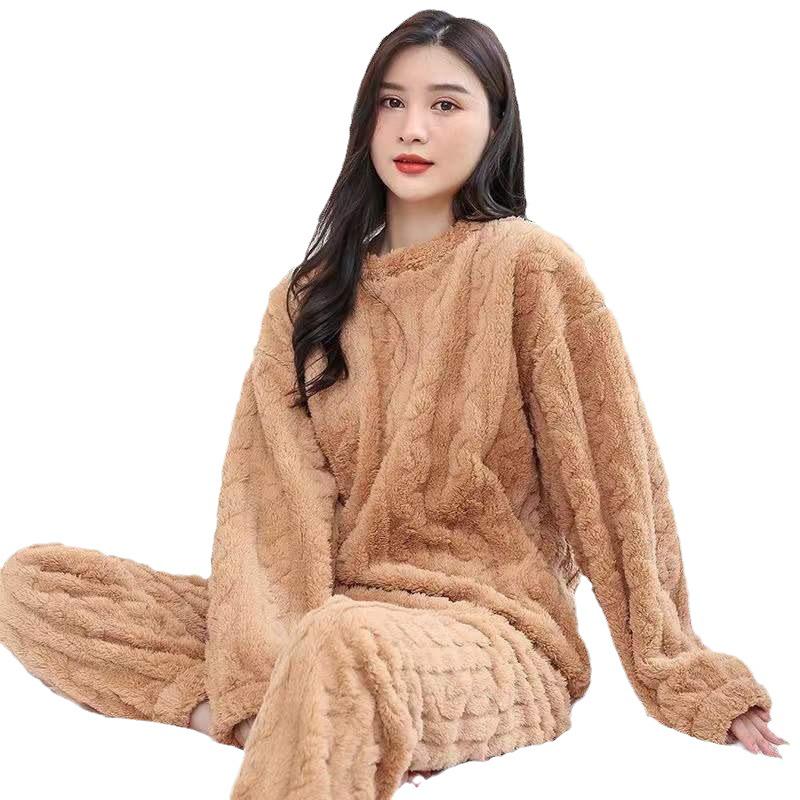 2025 Autumn/Winter Women's Jacquard Coral Fleece Pajamas: Comfy Cotton Plus Velvet Flannel Homewear Two-Piece Set