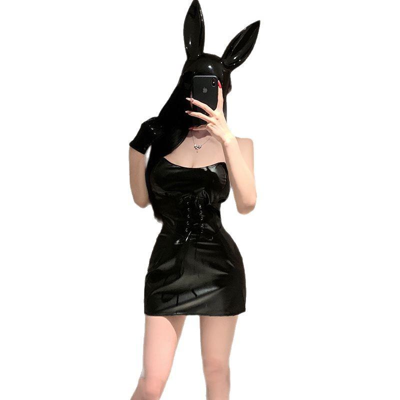 Sexy Lingerie Nightclub Uniform Temptation Hip Wrap Leather Skirt Dress Leather Jacket Patent Leather