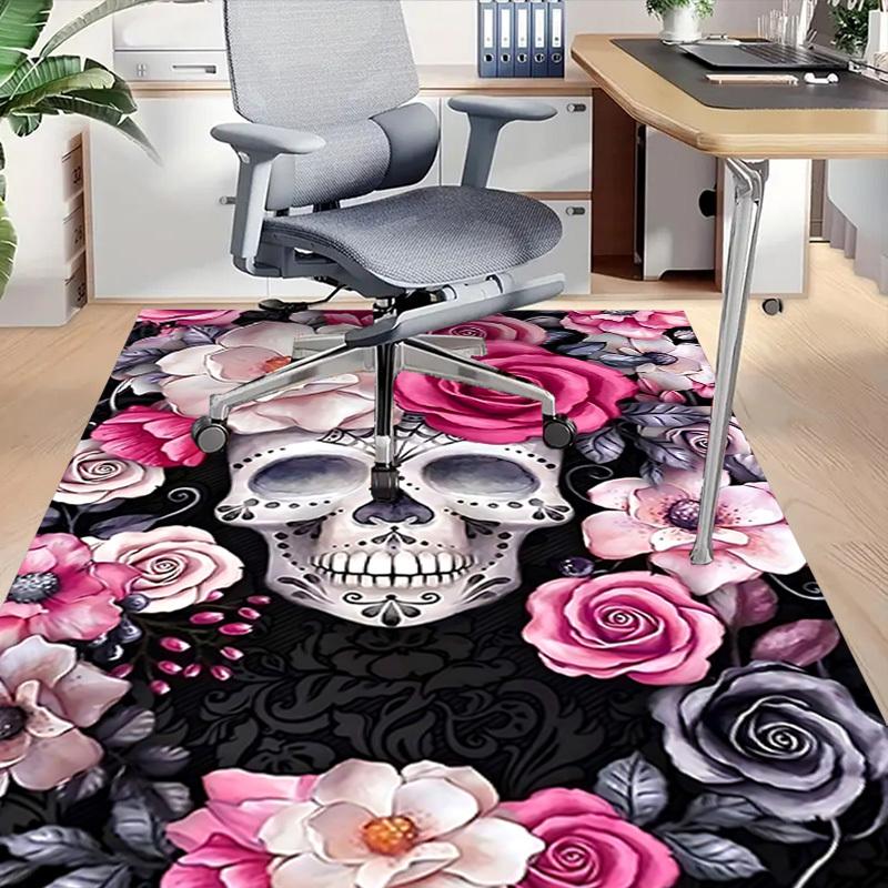 1PC Skull and Flowers Flannel Blanket Carpet Ultra Soft, Thick & Absorbent, Non Slip Machine Washable Mat for Entryway