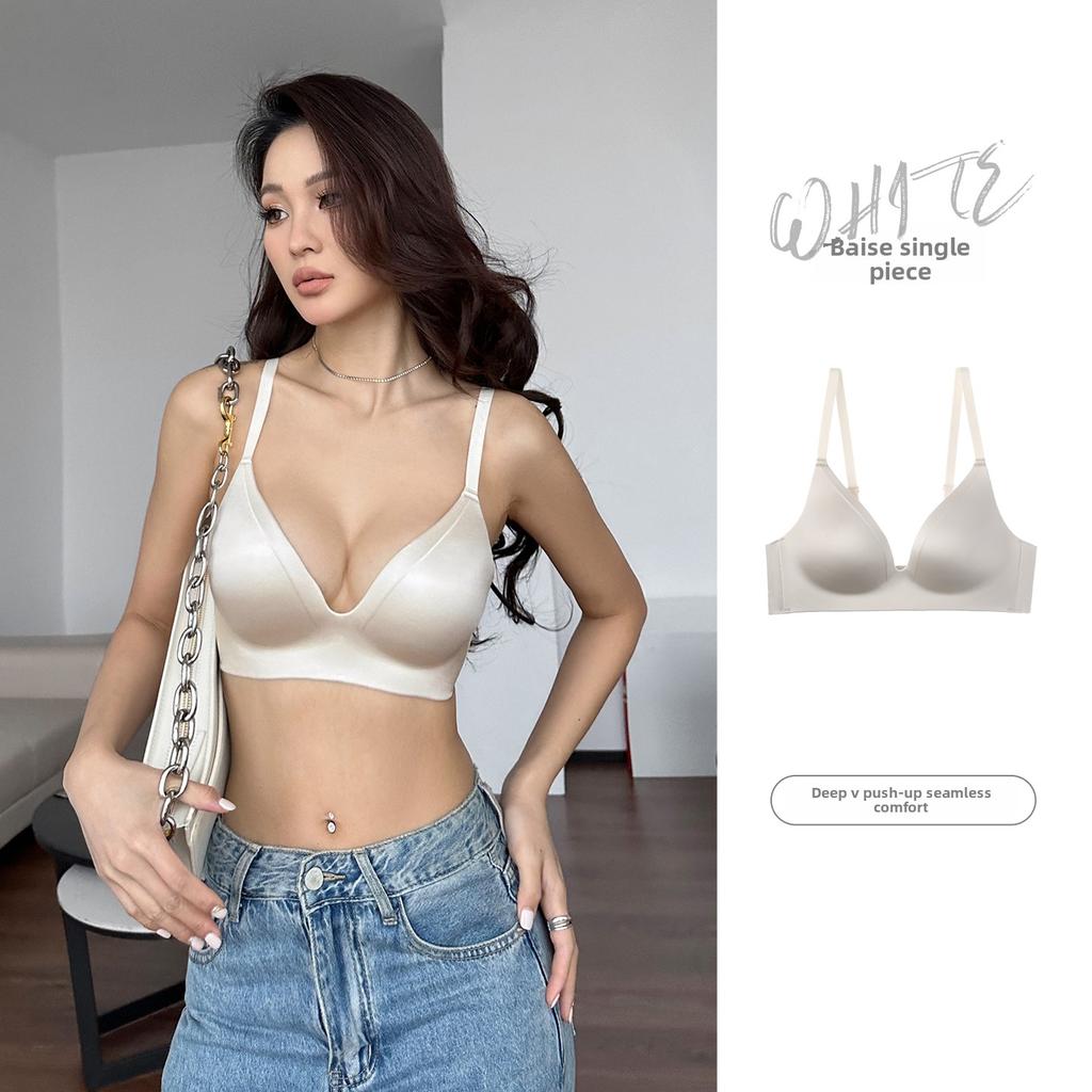 Glitter Strap Deep V Seamless Thin Wireless Bra, Push-Up Side Gathering Lift Bra for Small Bust Women