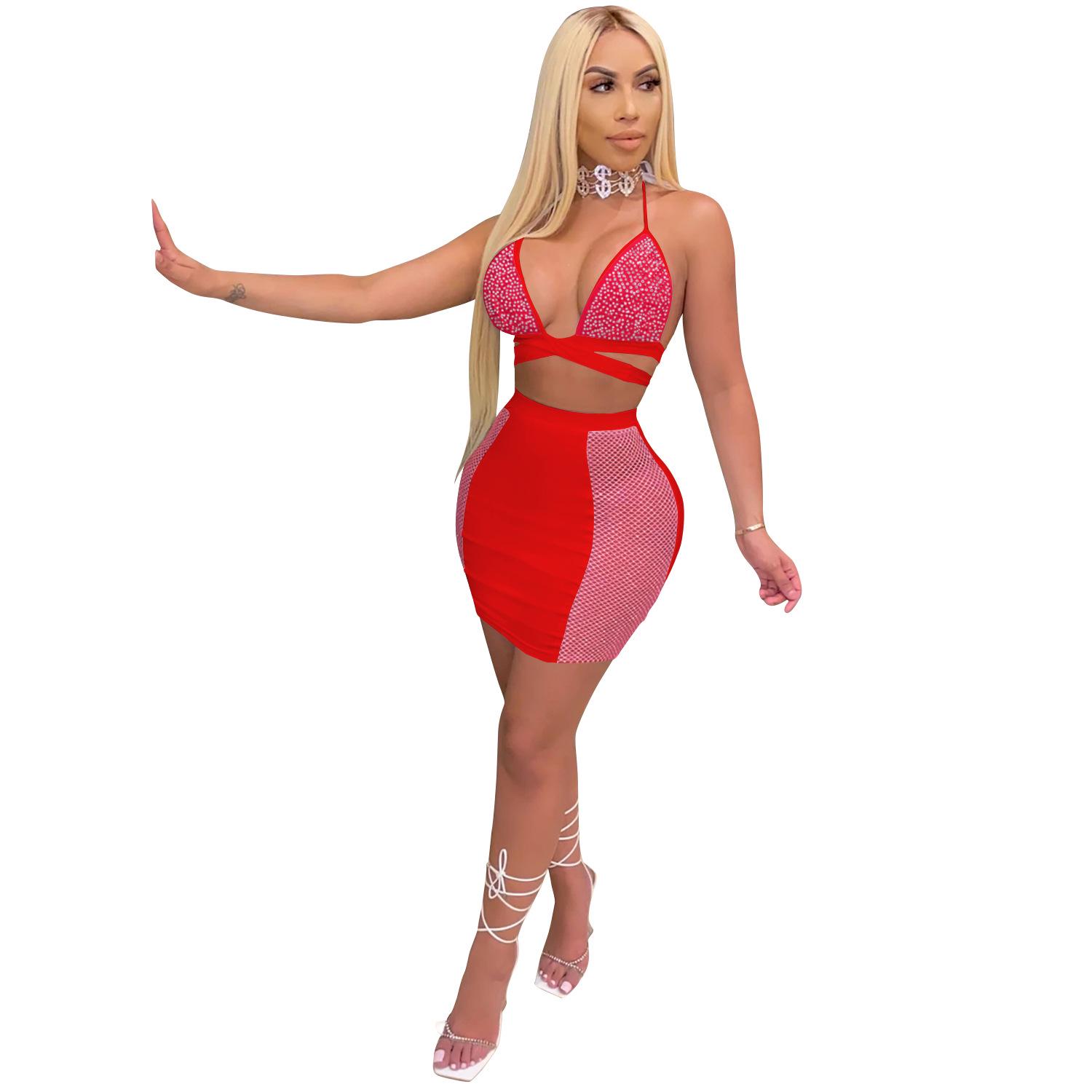 

C3645 Fashion European & American Nightclub Skirt: Hot Drilling, Cross Straps, Backless Two-Piece Set L червоний
