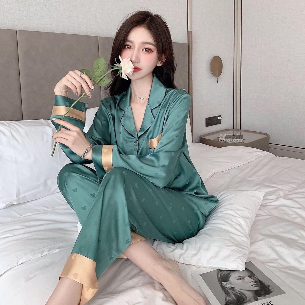 Fashionable Ice Silk Heart Print Pajama Set - Women's Long Sleeve Cardigan for Spring/Summer.
