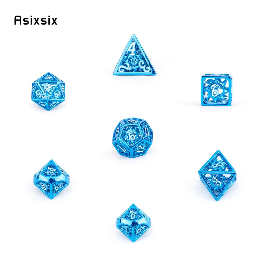 7 Pcs Blue White Rotary Cyclone Metal Dice Hollow Metal Polyhedral Dice Set Suitable for Role-Playing RPG Board Game Card Game
