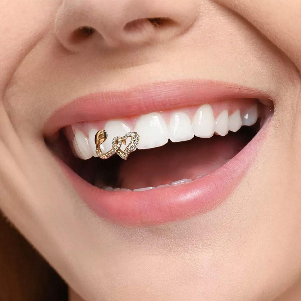 2Pcs Comfortable Double Heart Teeth Caps Zircon Hollow Love Tooth Grills  Couple
