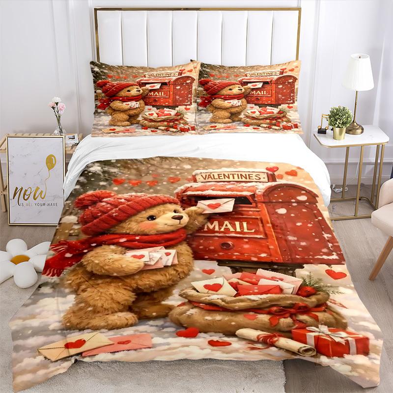 3pcs Valentines Day Gift - Cute Teddy Bear Bedding Set with Red Heart Envelopes - Includes One Quilt Cover and Two Pillowcases (No Core) - P