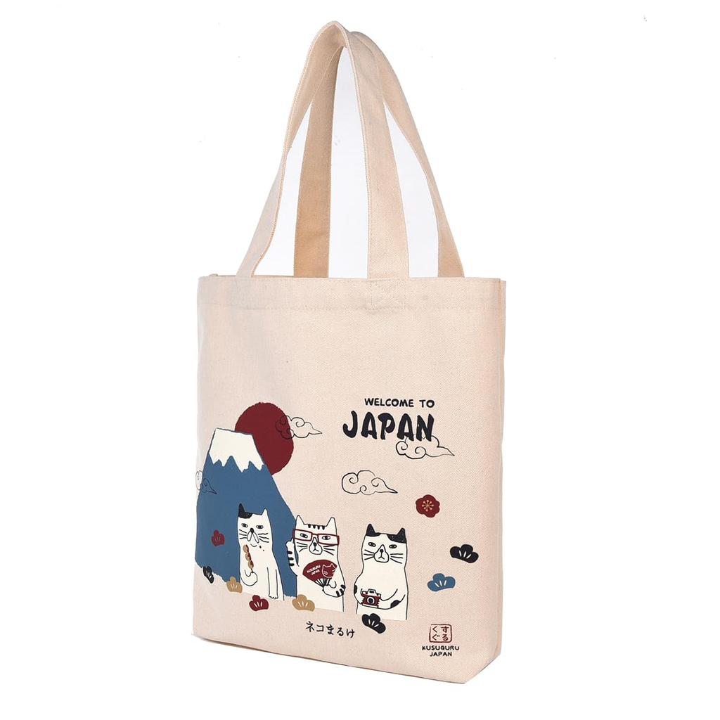 [Kusuguru Japan] Canvas Tote Bag with Japanese Pattern Cat and Mt. Fuji IV