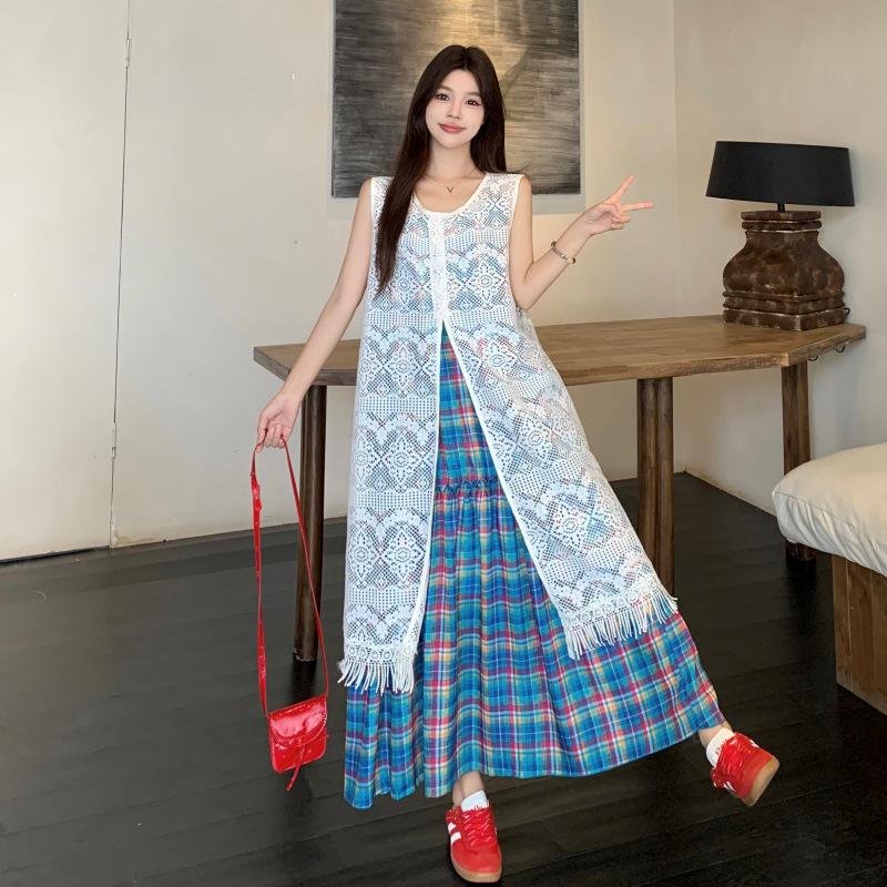 2026 Summer Maternity Plaid Suspender Dress with Lace Cover-up Set 4XL