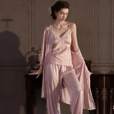 Ice Silk Three-Piece Pajama Set: Spring Camisole, Long Pants, and Robe - Women's Sexy and Elegant Loungewear.