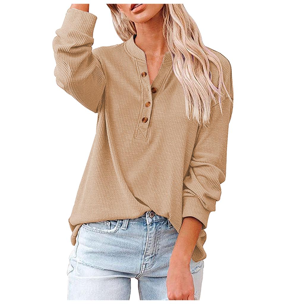 Women's Casual T-Shirt Buttons V-Neck Solid Long-sleeved Knitted Shirt Blouse Tops