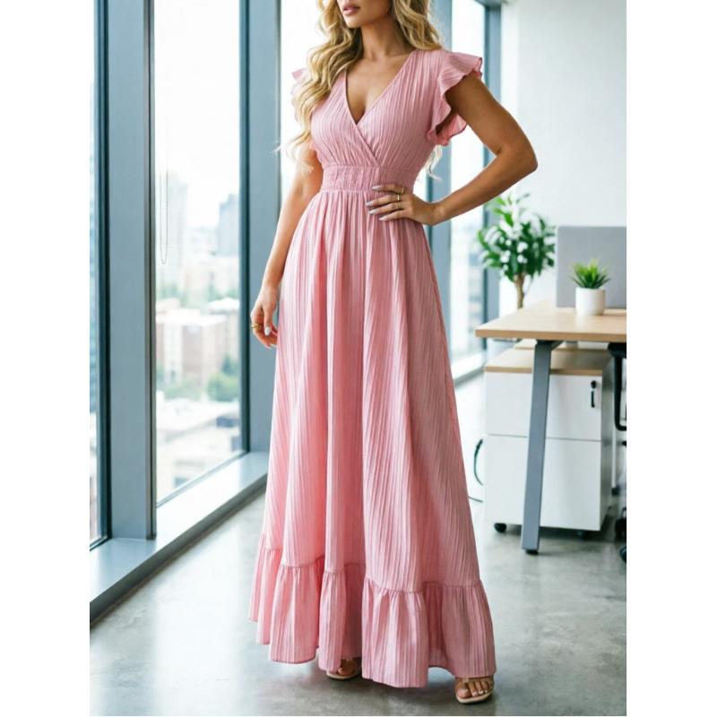 Women s V-Neck Ruffle Sleeve Maxi Dress, Solid Color Smocked Waist A-Line Ruffle Hem Elegant Summer Casual Party Long Dress S