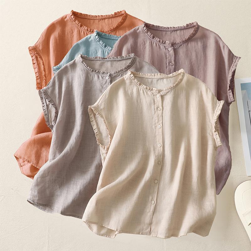 Japan Korean Style Summer Solid Color Cotton Linen Shirt Women O-Neck Sleeveless Casual Loose Vest Blouse Tops