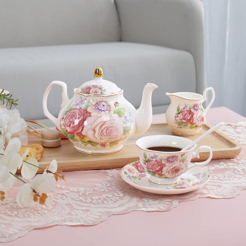 European Porcelain Coffee Set, Bone China Tea Set, Vintage Floral Coffee Tea Pot with Cups
