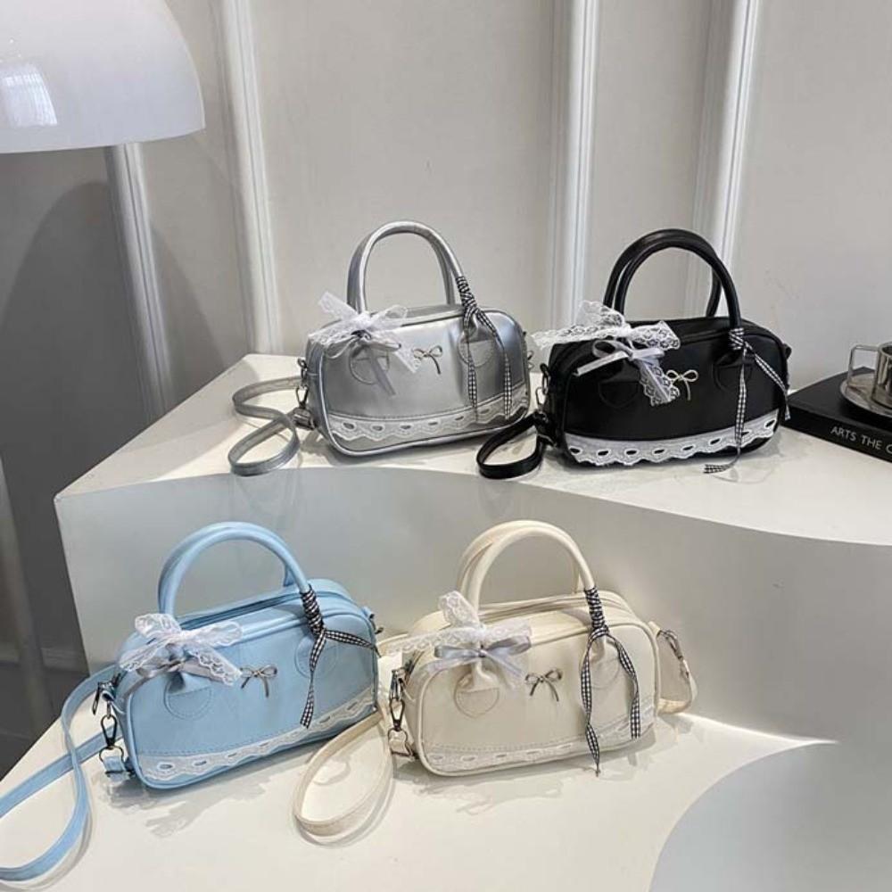 Lace Ribbon Boston Handbag Bow Small Square Bag All-Match Crossbody Bowling Bag Party