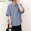 Women Casual Round Neck Stripe Print Loose Half Sleeve Blouse