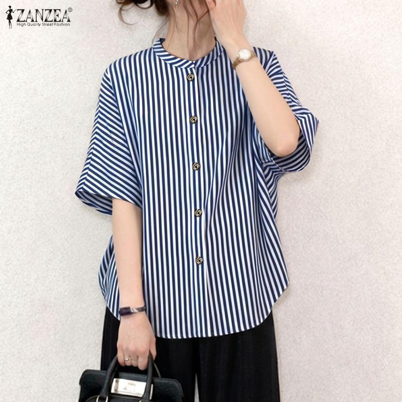 ZANZEA Women Casual Round Neck Stripe Print Loose Half Sleeve Blouse