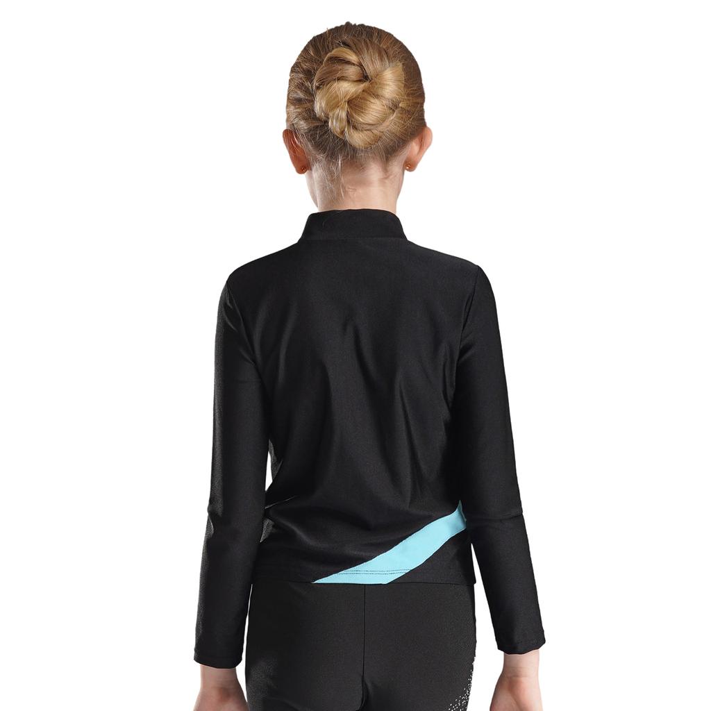 Girls Shiny Rhinestone Star Sports Top Contrast Color Long Sleeve Stand Collar Zipper Sweatshirt Gymnastics Wear