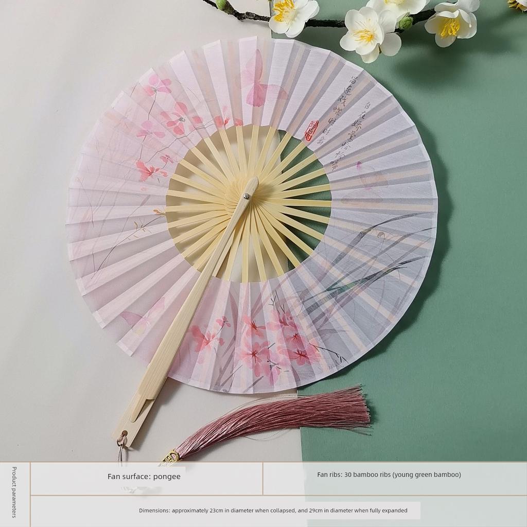 Folding Hand Fan, Portable Windmill Fan, Rotating Round Fan, Traditional Dance Fan, Hanfu Cheongsam Show, Summer Cooling Fan