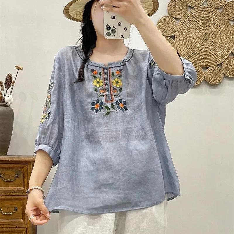 Women SummerEthnic Style Embroidery Seven Quarter Sleeve Loose T-shirt Retro Leisure Artistic Top
