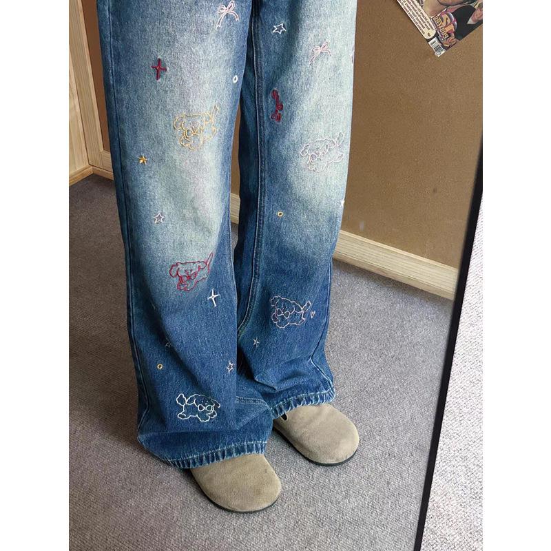 Women's Blue Retro Puppy Embroidery Jeans - Slimming, Loose-Fit, Straight-Leg for Spring/Autumn