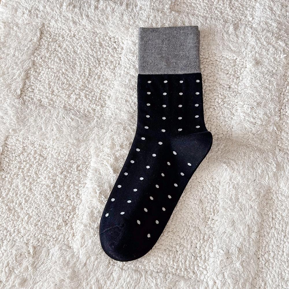 Autumn Winter Gray Polka Dot Mid-Calf Cotton Socks - Japanese Retro Contrast Stacked Socks,  Chic Layering Ankle Socks for Women