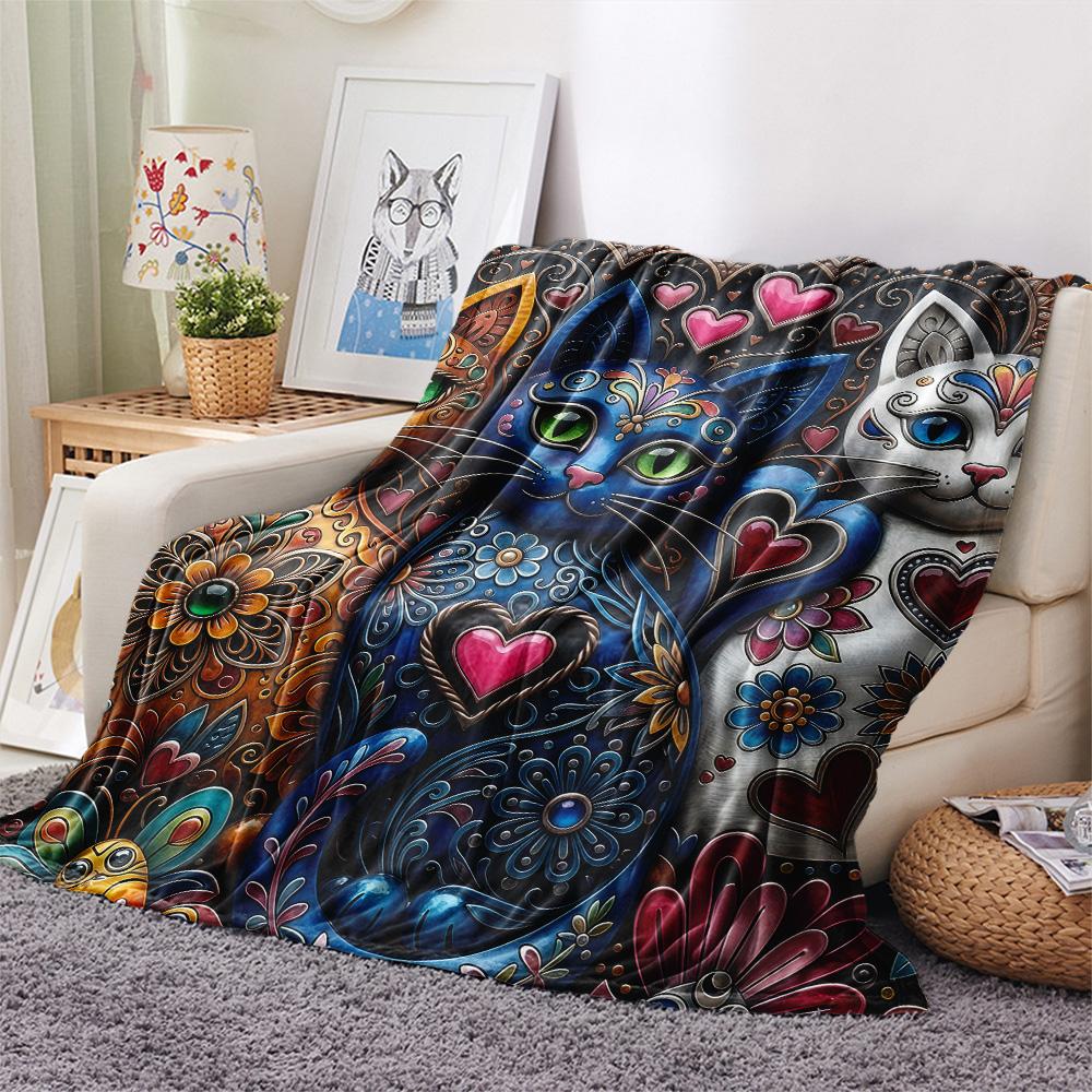 1PC Cat Styles Print FlAannel Blanket, High quality Comfortable for All Seasons, Home Decor, Warmth and Comfort