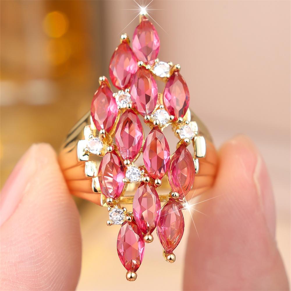 Geometric Marquise Stone Rose Red Crystal White Zircon Rings For Women Vintage Gold Color Engagement Bands Wedding Jewelry Gifts