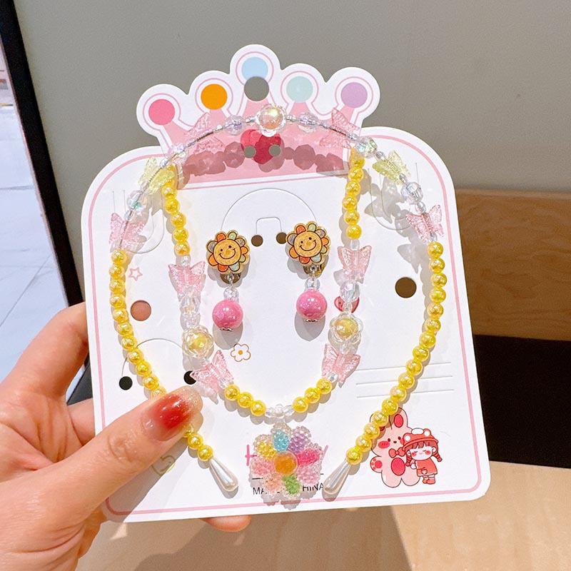 Colorful Pearl Necklace and Jewelry Set: Beaded Bracelet, Cartoon Headband, Earrings - Princess Accessories for Girls