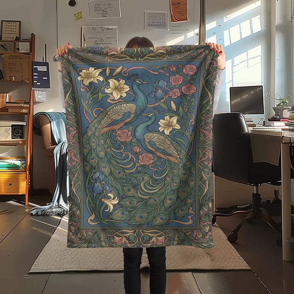 1Pc Peacock Print Flannel Blanket, High quality Comfortable for All Seasons, Home Decor, Warmth and Comfort, Perfect for Christmas Gifts W118