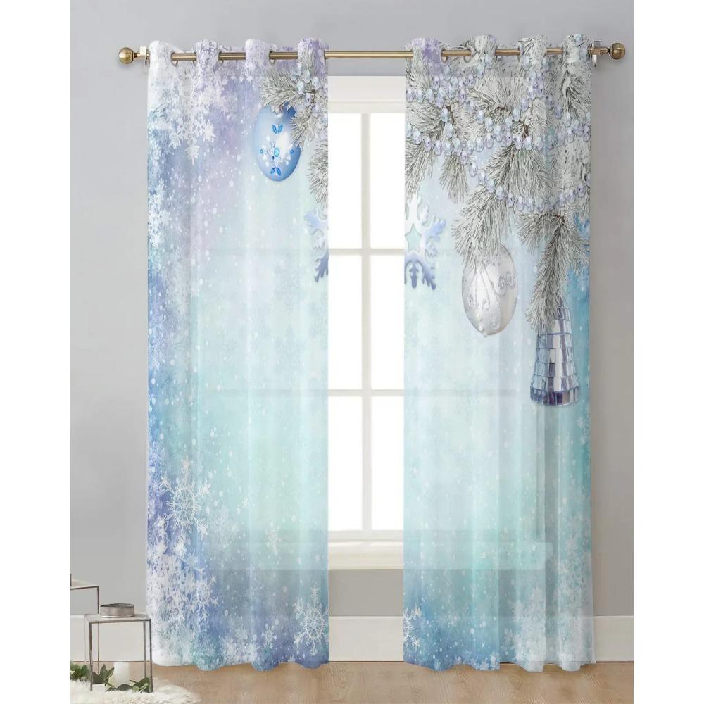 Christmas Snowflakes Leaves Bells Tulle Sheer Window Curtains Ideal for Living Room the Bedroom Modern Voile Silk-like Fabric Drapes Drapes