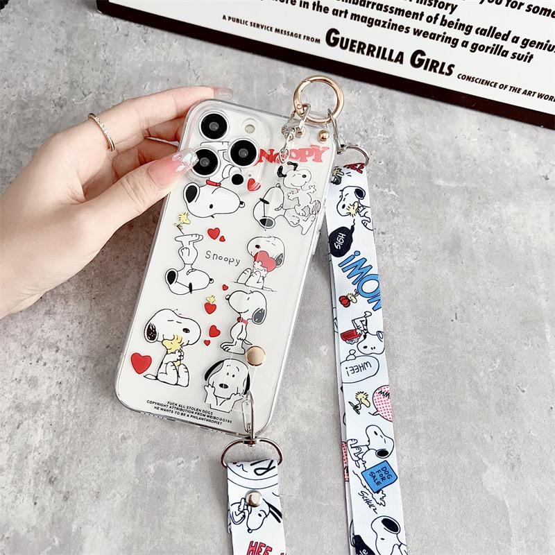 Cute Cartoon Snoopy 3D Love Heart Lanyard Wrist Strap Stand Clear TPU Phone Case For iPhone 11 12 13 14 15 16 Pro Max Plus Cover