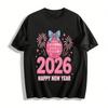 2026 Frohes Neues Jahr Rosa Discokugel Aufdruck Lässiges Party Oberteil Reines Baumwoll T-Shirt