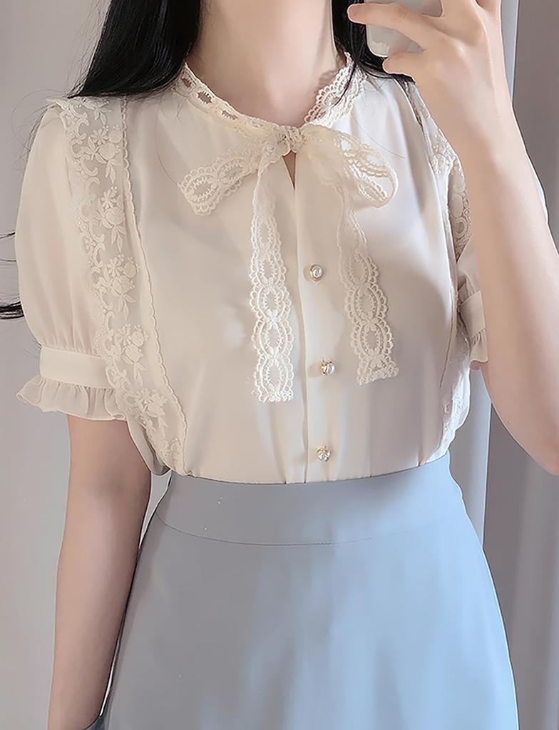 Lace Bowtie Blouse for Short Girly M [XHSUKADO] Women, Sleeve, Ruffled, Ribbon, Women's Blouse, Stylish, Mass-Produced Top, French, Style, Shirt,
