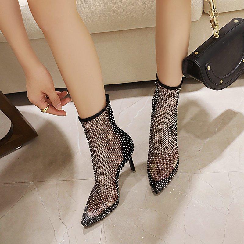 

Trendy Rhinestone Cooling Boots, Short Perforated Fishing Net Boots, and Fashionable Skinny High-heeled Women s Shoes 34