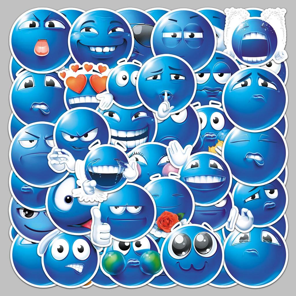 50 Small Blue Bean Emoji Sticker Sheets for Notebooks, Cars, Motorcycles, Water Cups, and Planners