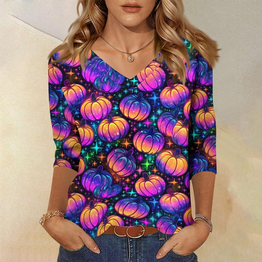 Women's Casual Halloween Print V-Neck Three-Quarter Sleeve Top