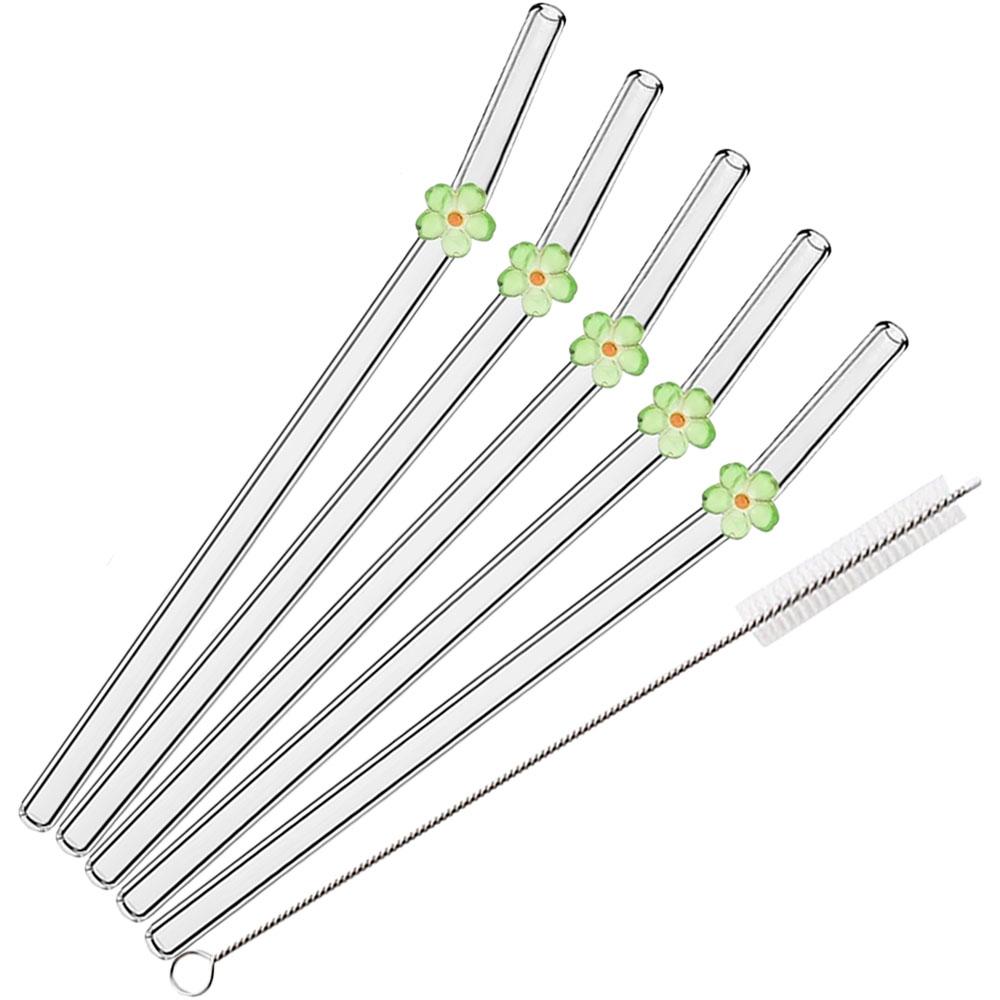 6Pcs Flower Drinking Straw Set High Borosilicate Glass Bent Straws Set with Brush Milk Shake Coffee Cocktail Straw Bar Drinkware