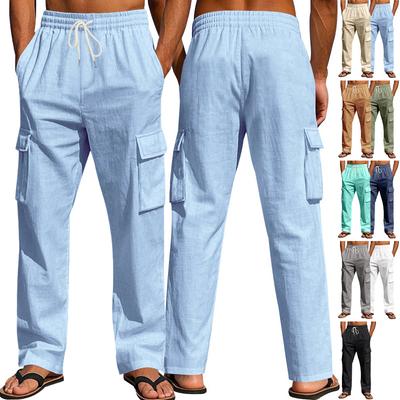 Men's Cotton and Linen Casual Trousers, Thin Large Size Breathable Multi-pocket Overalls, Straight-leg Trousers