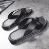 Fashion Men Flip-flops Leather Lightweight Slippers Summer Casual Beach Sandals Male Flat Non-Slip Comfort Classic Black Slides