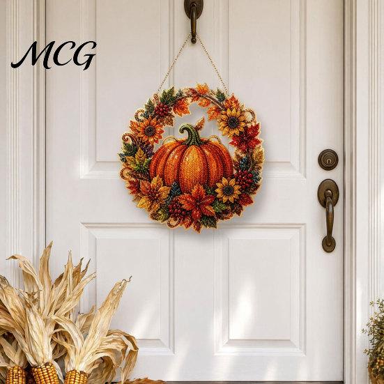 Hanging Ornament Fall Pumpkin Sunflower Wreath Decor, Acrylic Hand Painted Seasonal Home Decor Window Ornament, Thanksgiving Halloween Harvest