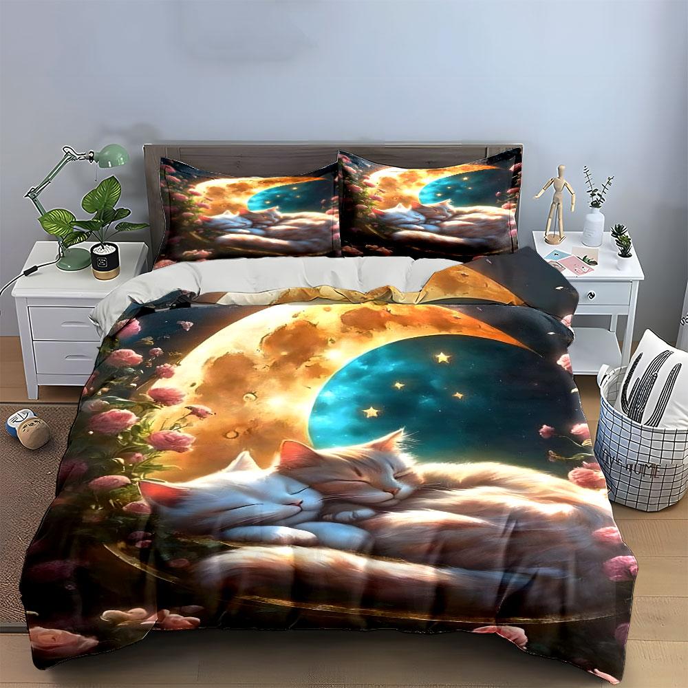 Moonlit Cats on Crescent Bed Bedding Duvet Cover Set (1*Duvet Cover 2*Pillowcases, without duvet insert)