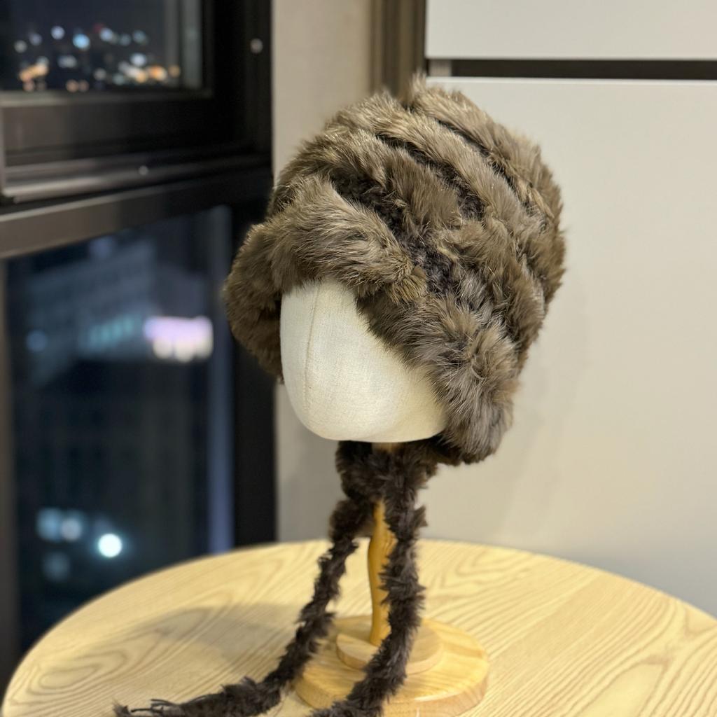 Rabbit fur thick plush ear protection hat, autumn and winter thick warm tassel knitted hat, large head circumference fluffy hat