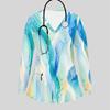 Women Plus Size Dark Blue Printed Nurse Scrub Top V Neck Long Sleeve With Pockets
